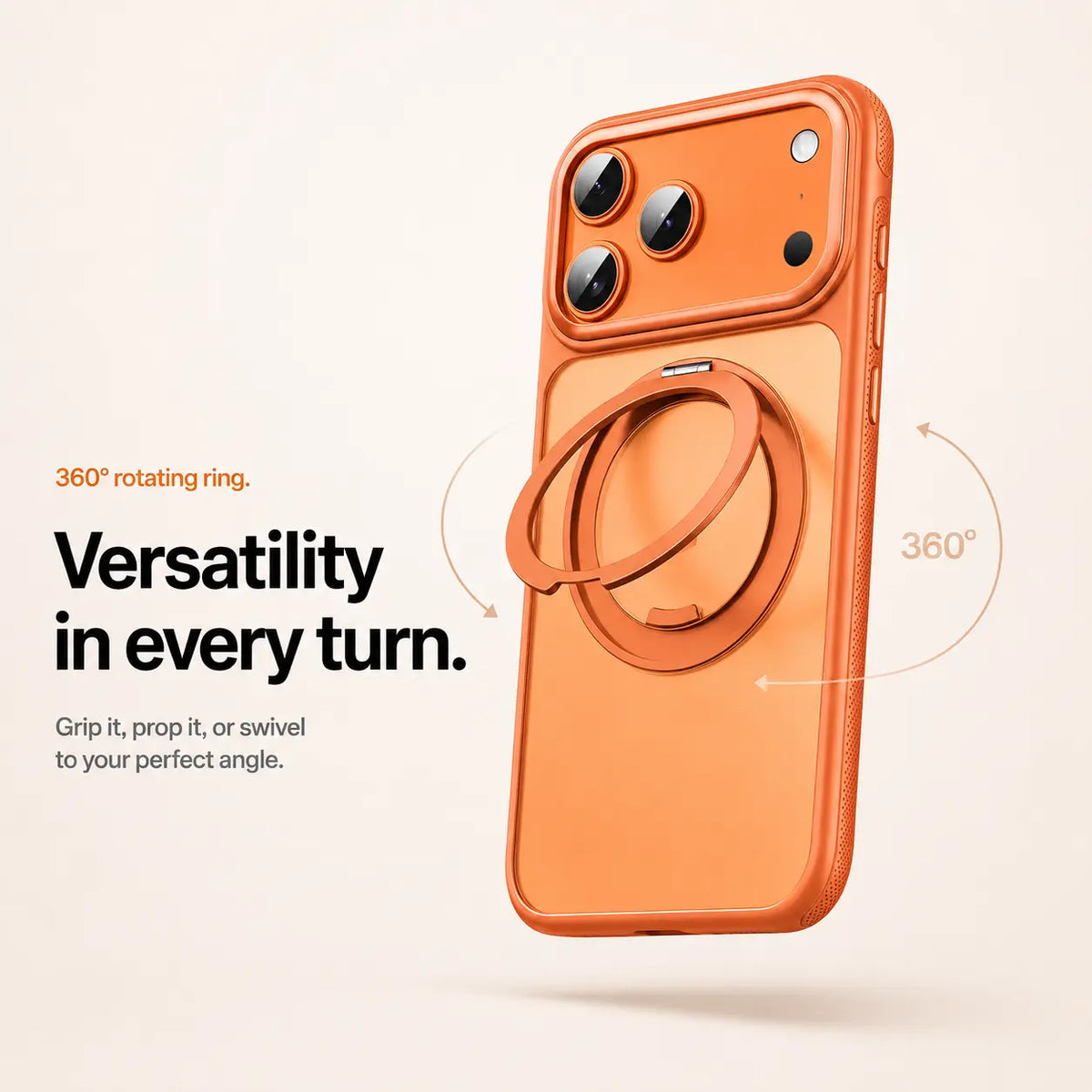 Orange magnetic phone case with an adjustable metal ring and a 360 degree rotation graphic #color_Cosmic Orange