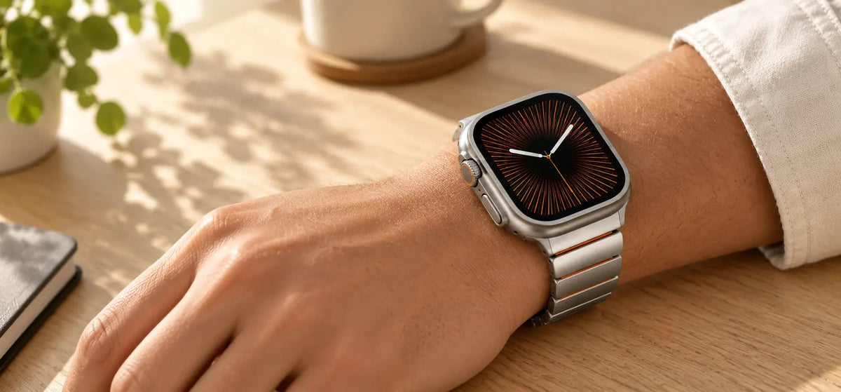 Silver smartwatch band with orange inner links worn on a wrist beside a desk.
