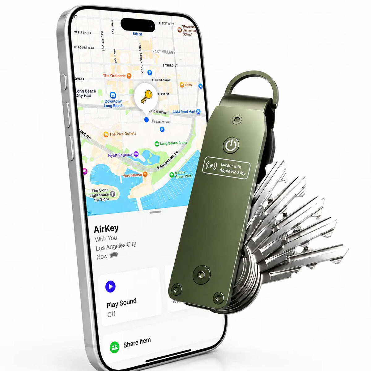 Spring Green tracking key organizer beside a Burgundy iPhone showing its location in Find My. #color_Spring Green