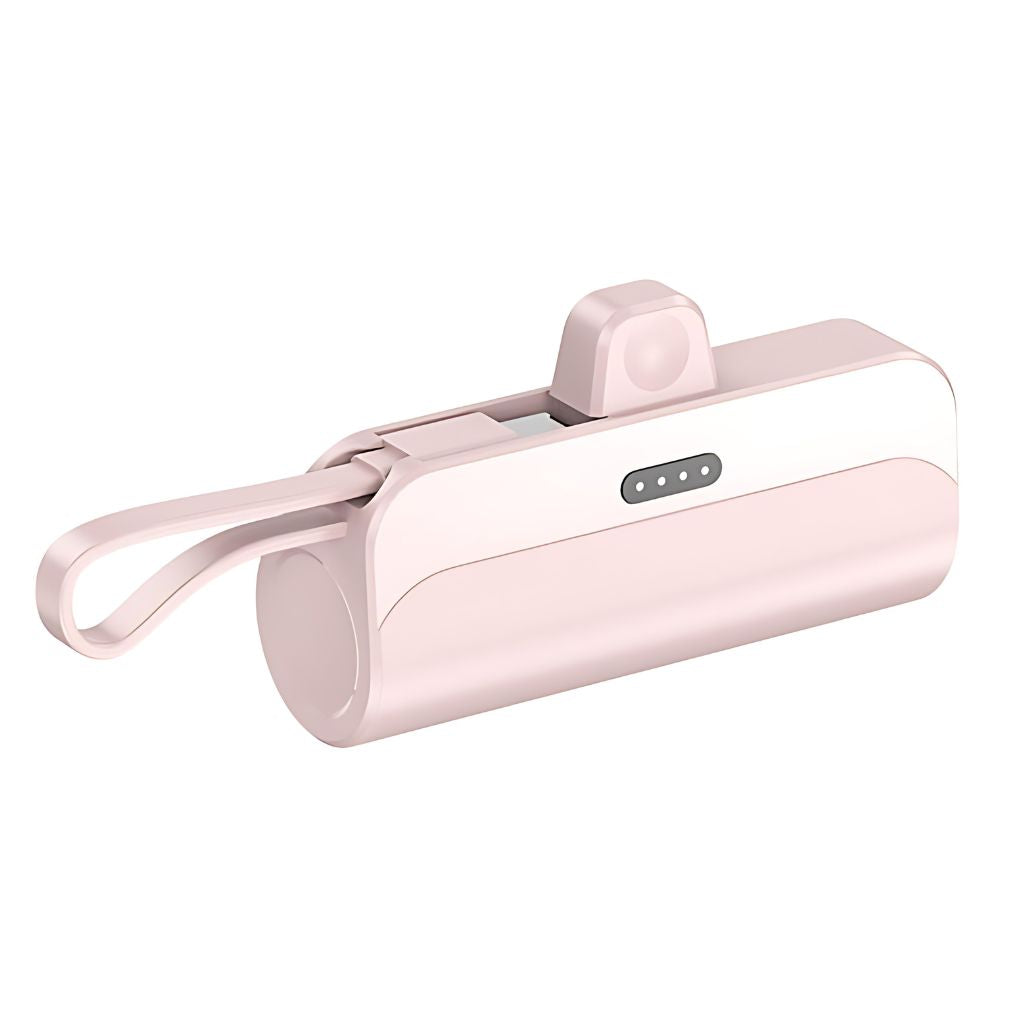 PowerBank Mini portable charger in multiple colors and capacities, compatible with USB-C and Lightning devices for Android and Apple, featuring a compact, lipstick-sized design with dual charging capability.