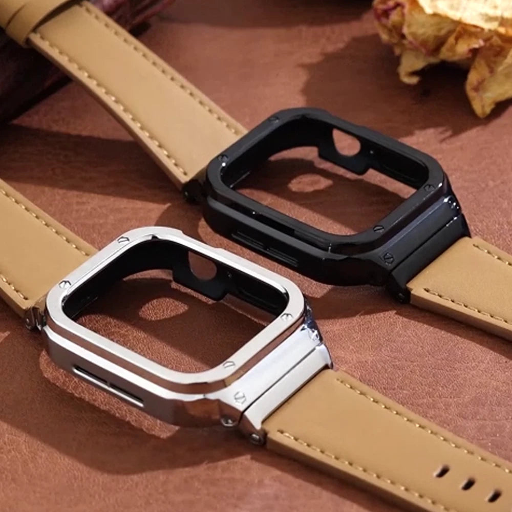 Premium Leather Band with Stainless Steel Case for Apple Watch