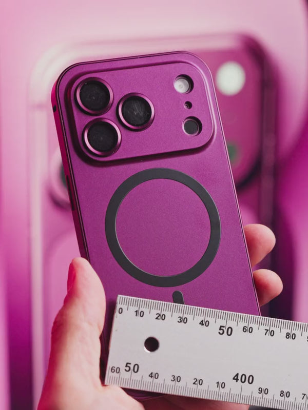 Metal ruler attaching to the magnetic ring on a dark cherry phone case