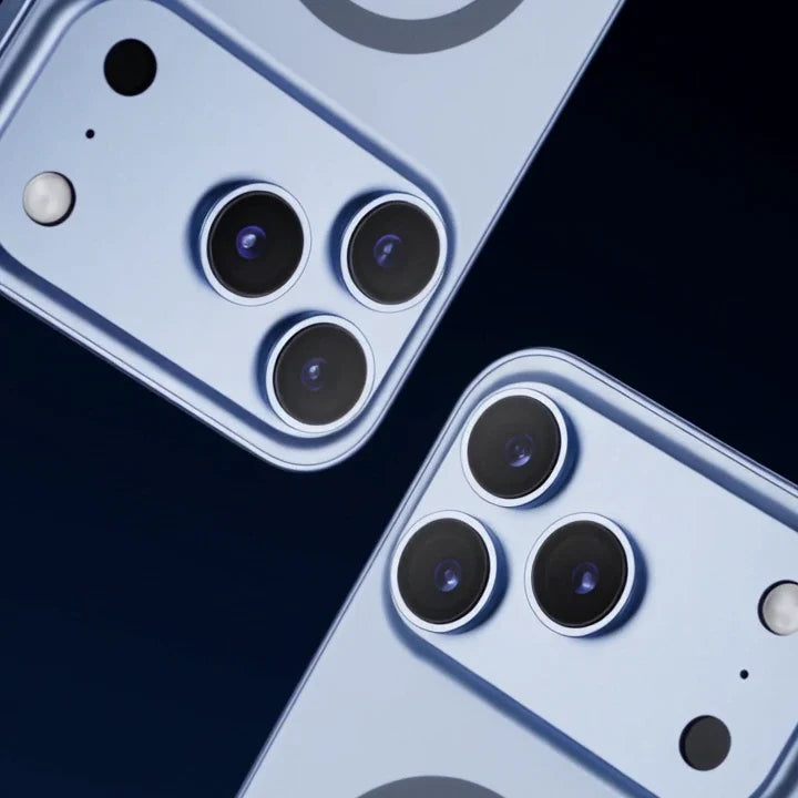 Two Glacier metal magnetic phone cases enter from above and below, followed by a handheld rear view #color_Glacier