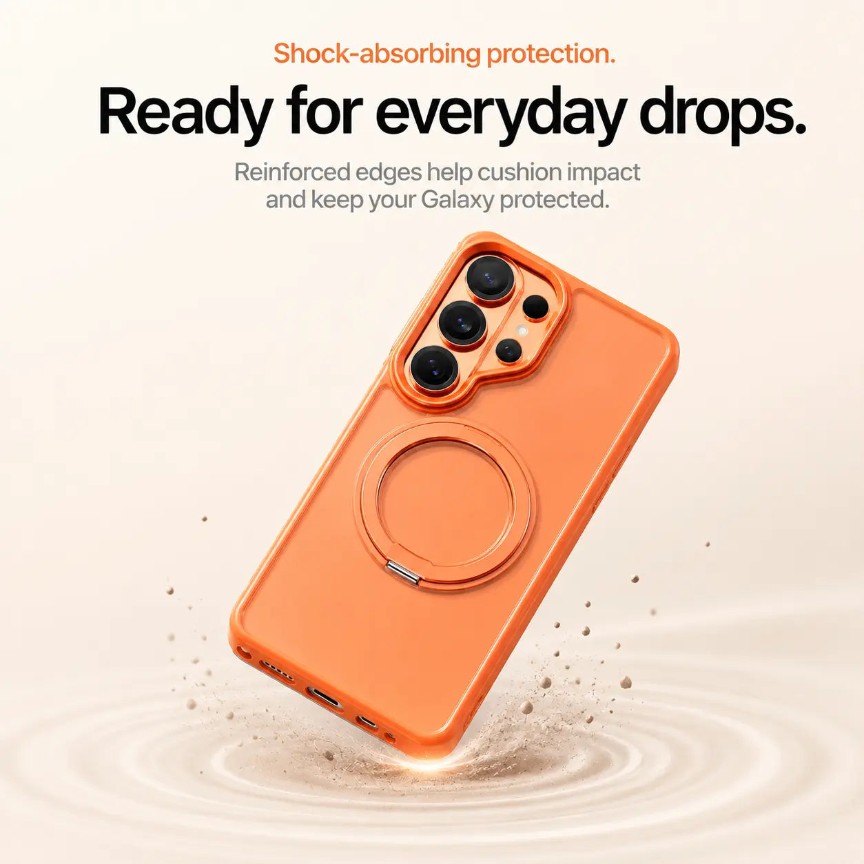 Orange magnetic phone case shown during a corner drop demonstration #color_Cosmic Orange