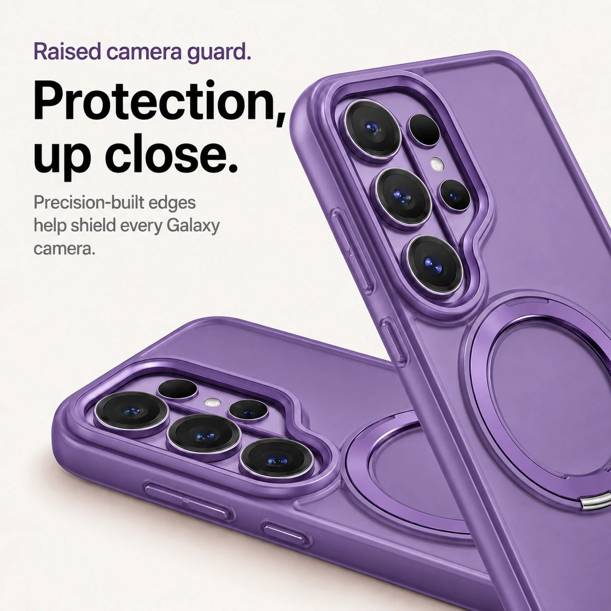 Purple ring stand phone case showing its raised camera guard in two close views #color_Lavender Purple