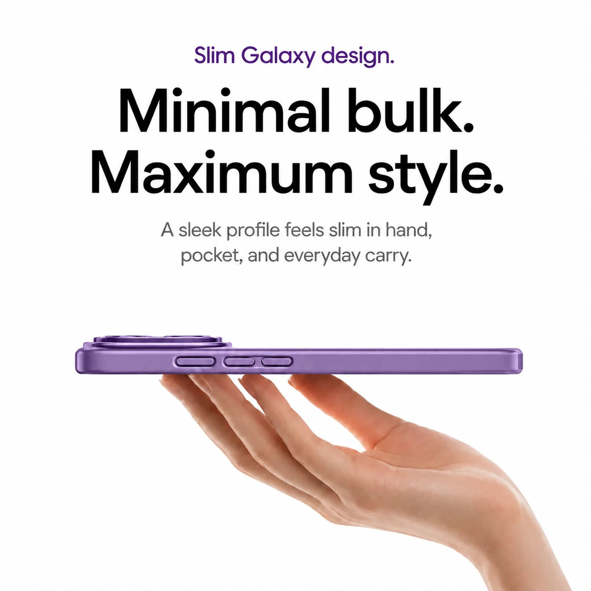 Purple ring stand phone case shown in a slim side profile above a hand #color_Lavender Purple