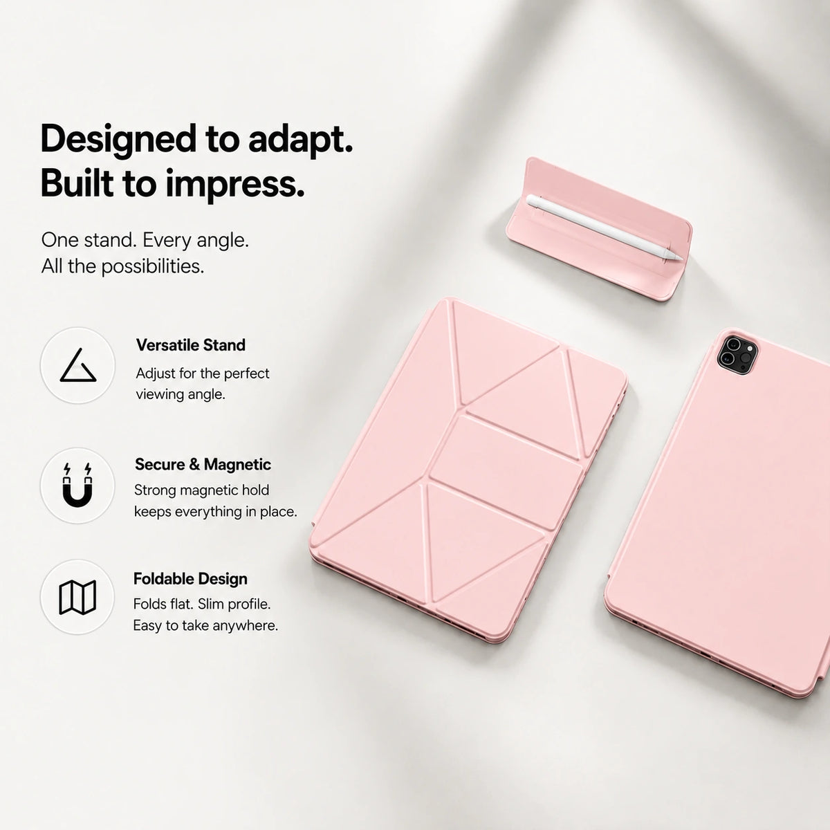 Rose Pink folding magnetic tablet stand folded flat with its components #color_Rose Pink