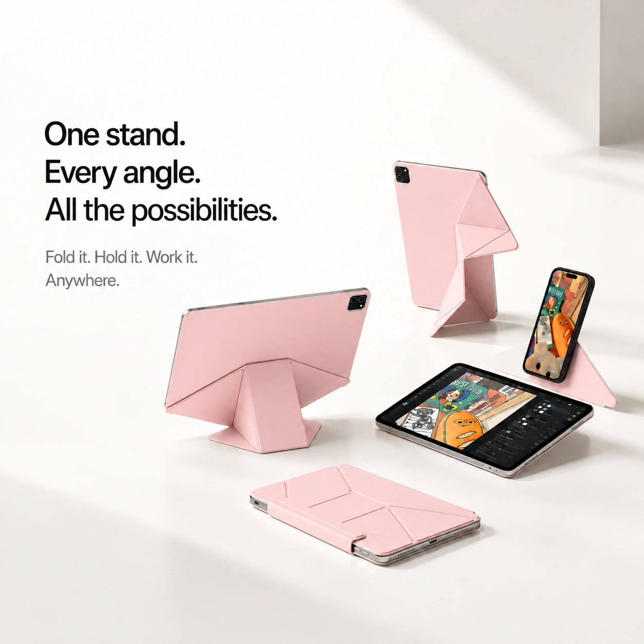 Rose Pink folding magnetic tablet stand shown at multiple viewing angles #color_Rose Pink
