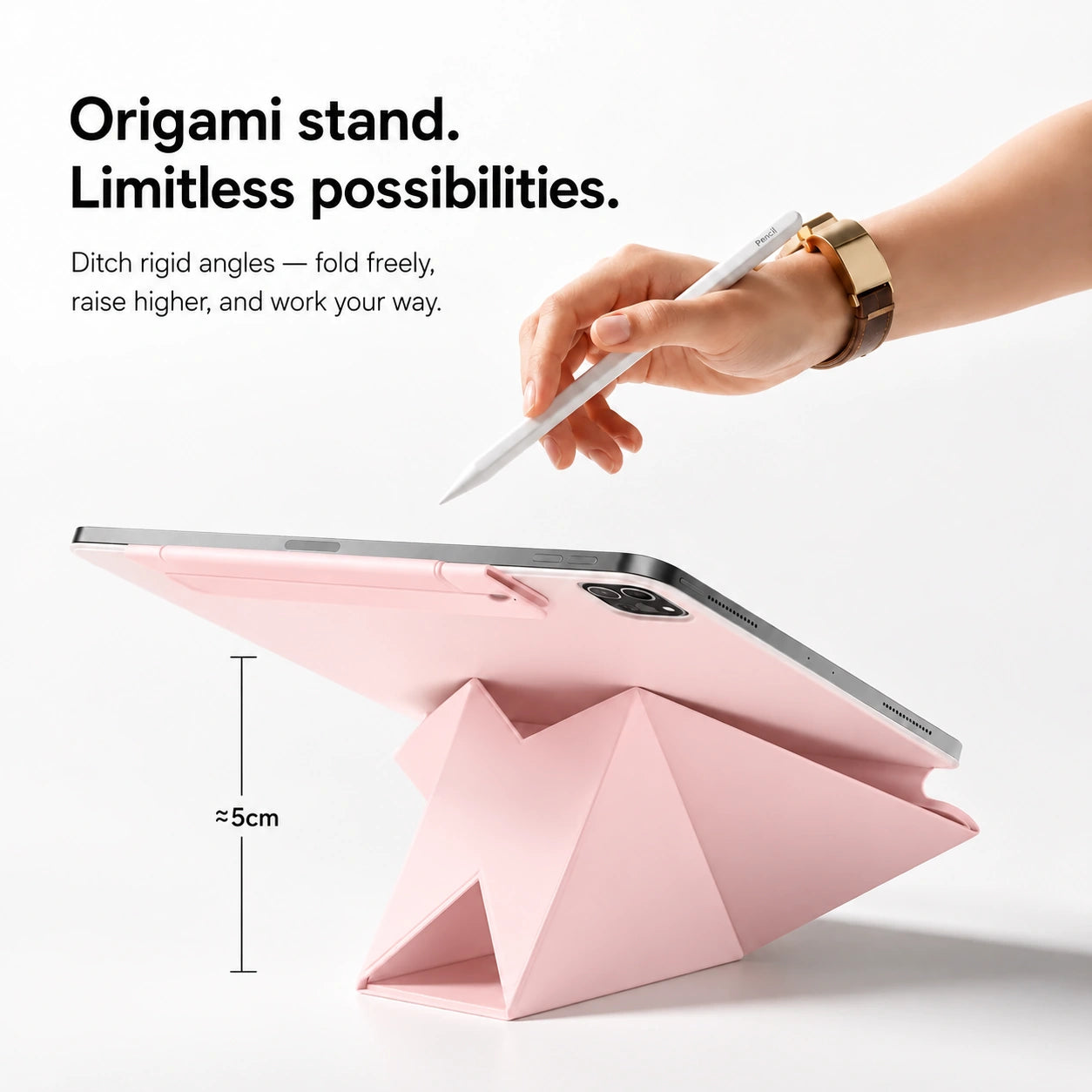 Rose Pink folding magnetic tablet stand supporting an angled tablet #color_Rose Pink