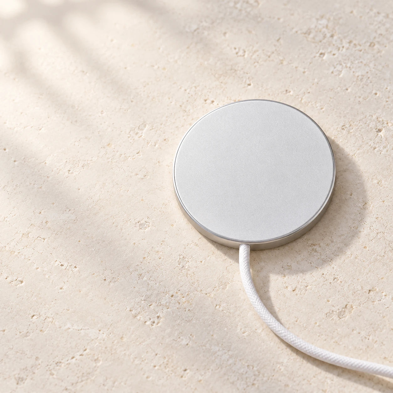 Round white and silver wireless charging pad resting on a pale stone desk.