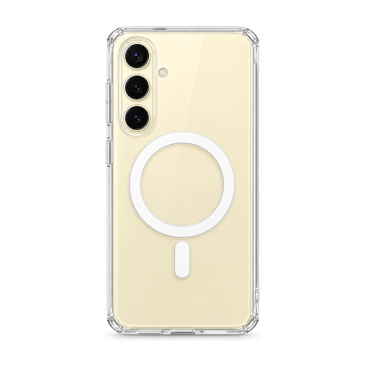 Clear magnetic phone case fitted to a pale yellow handset, rear view. #Samsung Model_Samsung S24