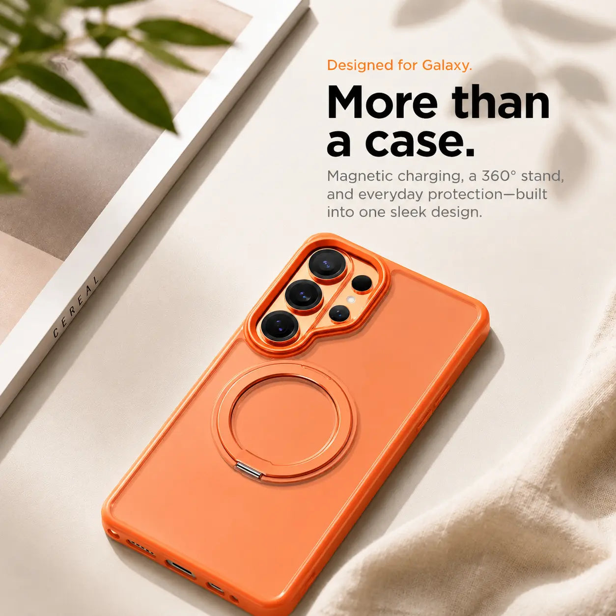 Orange magnetic phone case resting beside a tablet with the ring stand closed #color_Cosmic Orange