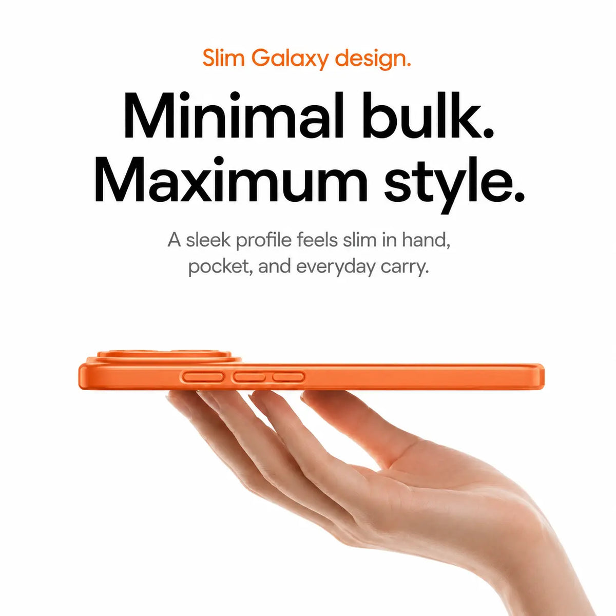 Orange magnetic phone case held flat to show its slim side profile #color_Cosmic Orange