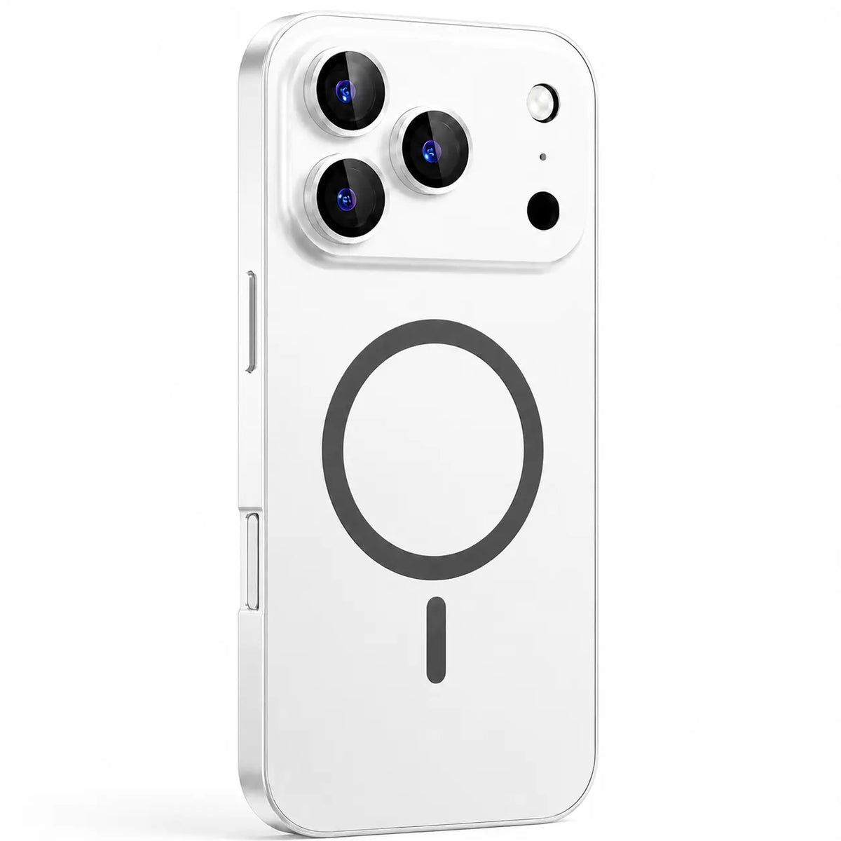 Silver metal magnetic phone case with a wide camera surround, shown from the rear on white #color_Titanium Silver