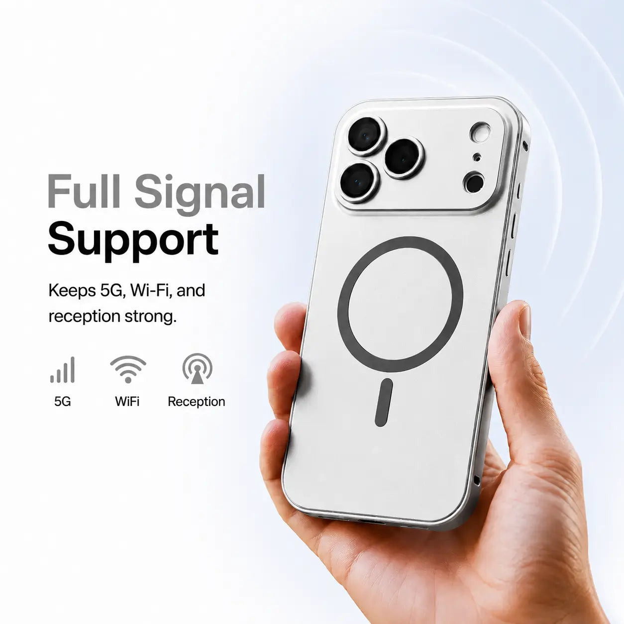 Silver metal magnetic phone case held upright with illustrated signal icons #color_Titanium Silver