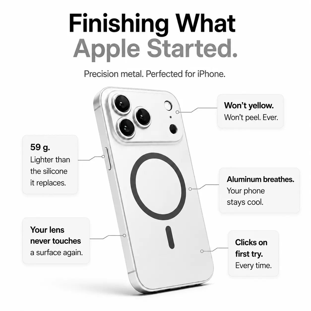Silver metal magnetic phone case surrounded by feature labels on a white background #color_Titanium Silver