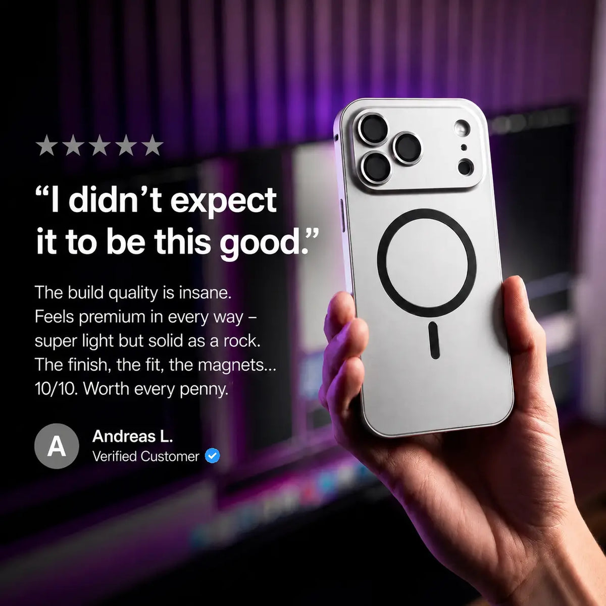 Silver metal magnetic phone case held beside a purple-lit desk with a customer review quote #color_Titanium Silver