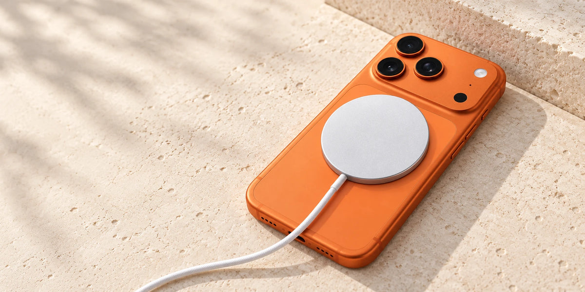 Silver and white charging puck attached to the back of an orange phone.