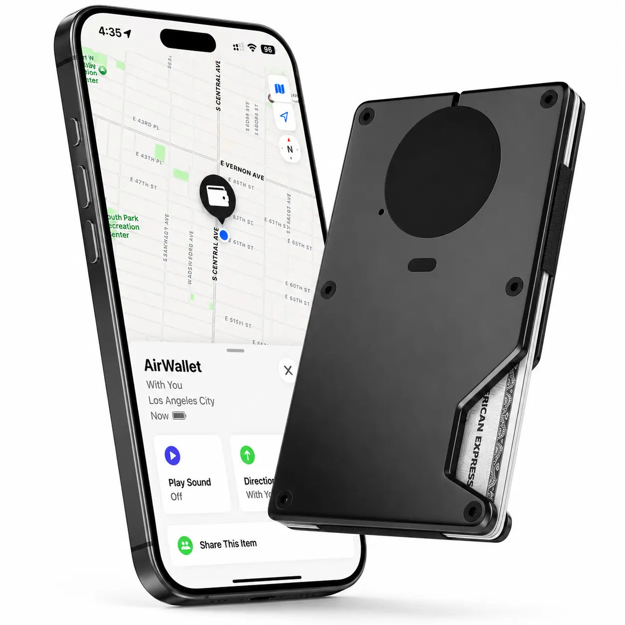 Black metal wallet with built-in Apple Find My compatibility
