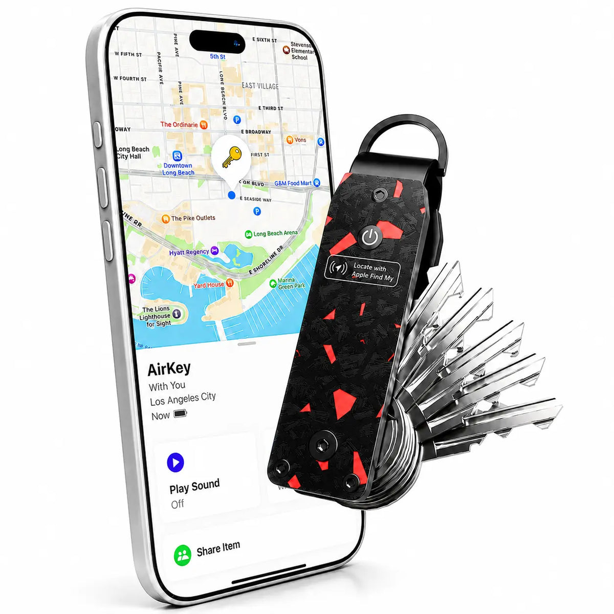 Carbon Red tracking key organizer beside a Burgundy iPhone showing its location in Find My. #color_Carbon Red