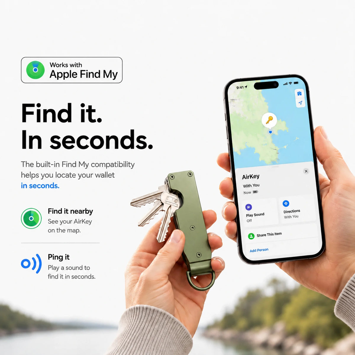Spring Green tracking key organizer being located using Find My on a Burgundy iPhone. #color_Spring Green