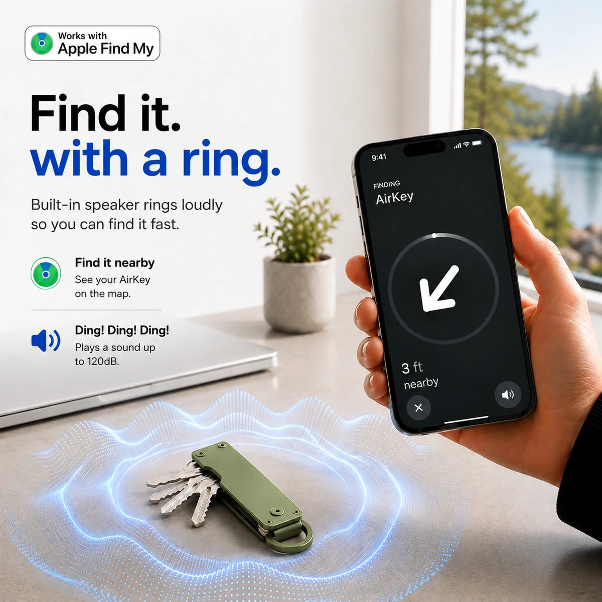 Spring Green tracking key organizer with a sound illustration and Burgundy iPhone showing the nearby finding screen. #color_Spring Green