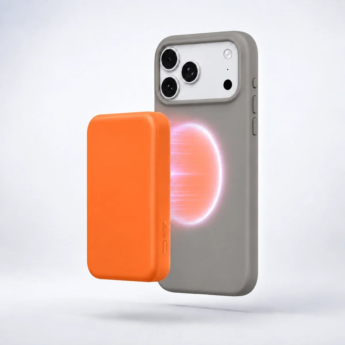 Titanium Gray silicone phone case with an orange wireless battery pack #color_Titanium Gray