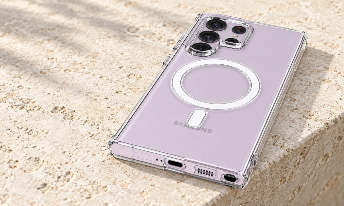 Low side view of a transparent magnetic case on a lavender phone.