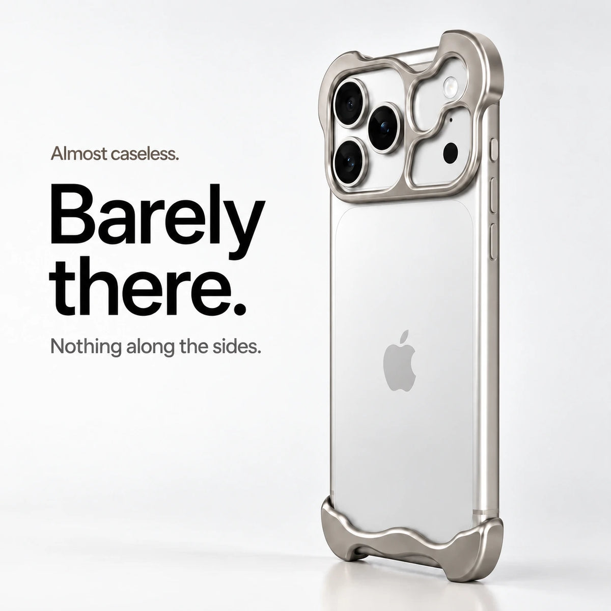 Warm gray sculpted metal phone case standing upright showing its slim profile #color_Natural Titanium
