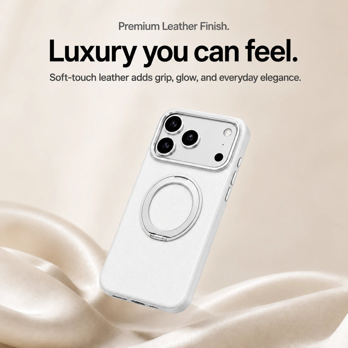 White leather phone case with a closed ring stand above soft cream fabric #color_Polar White