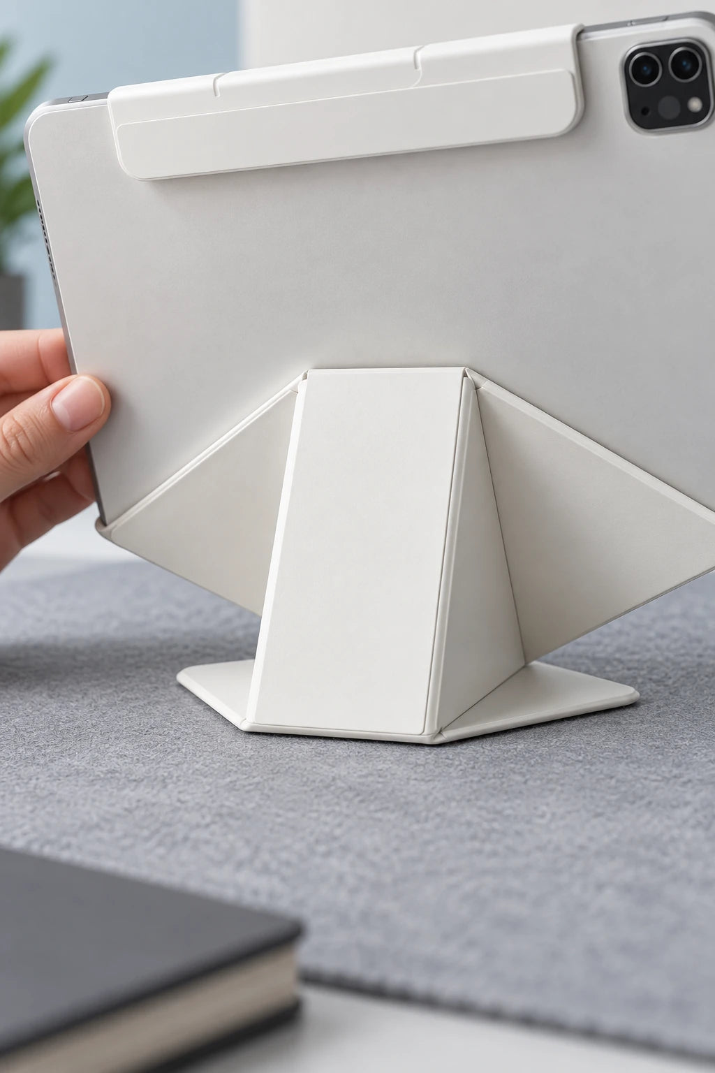 Close view of the white folding stand fitted against the back of a tablet.