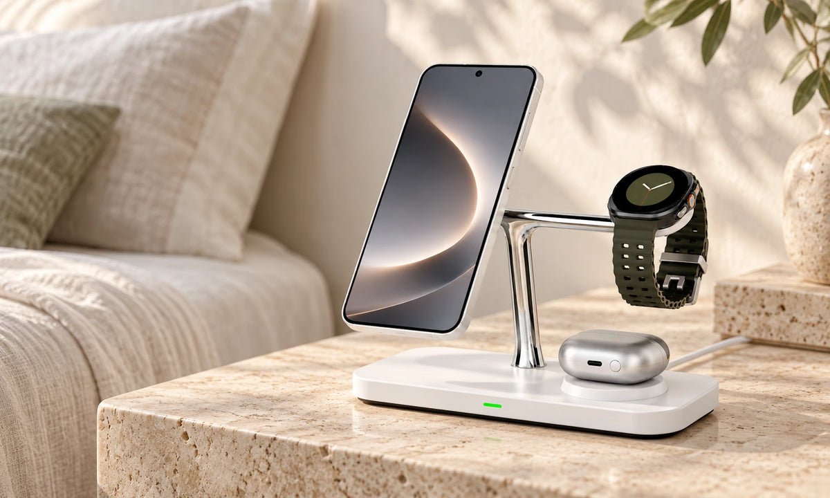 White three-device charging station on a pale bedside table.