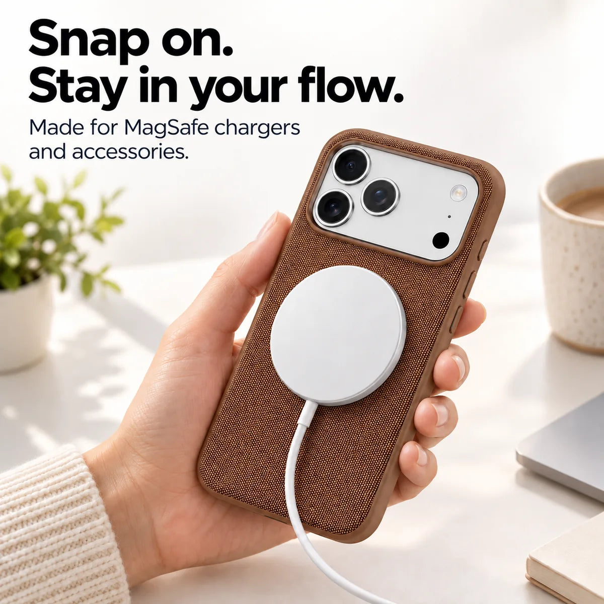 White magnetic charging puck attached to an Umber Brown woven phone case. #color_Umber Brown