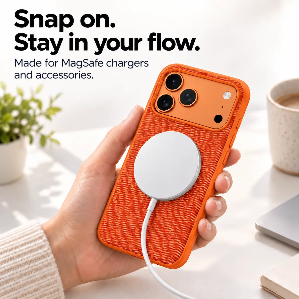 White magnetic charging puck attached to a Cosmic Orange woven phone case. #color_Cosmic Orange