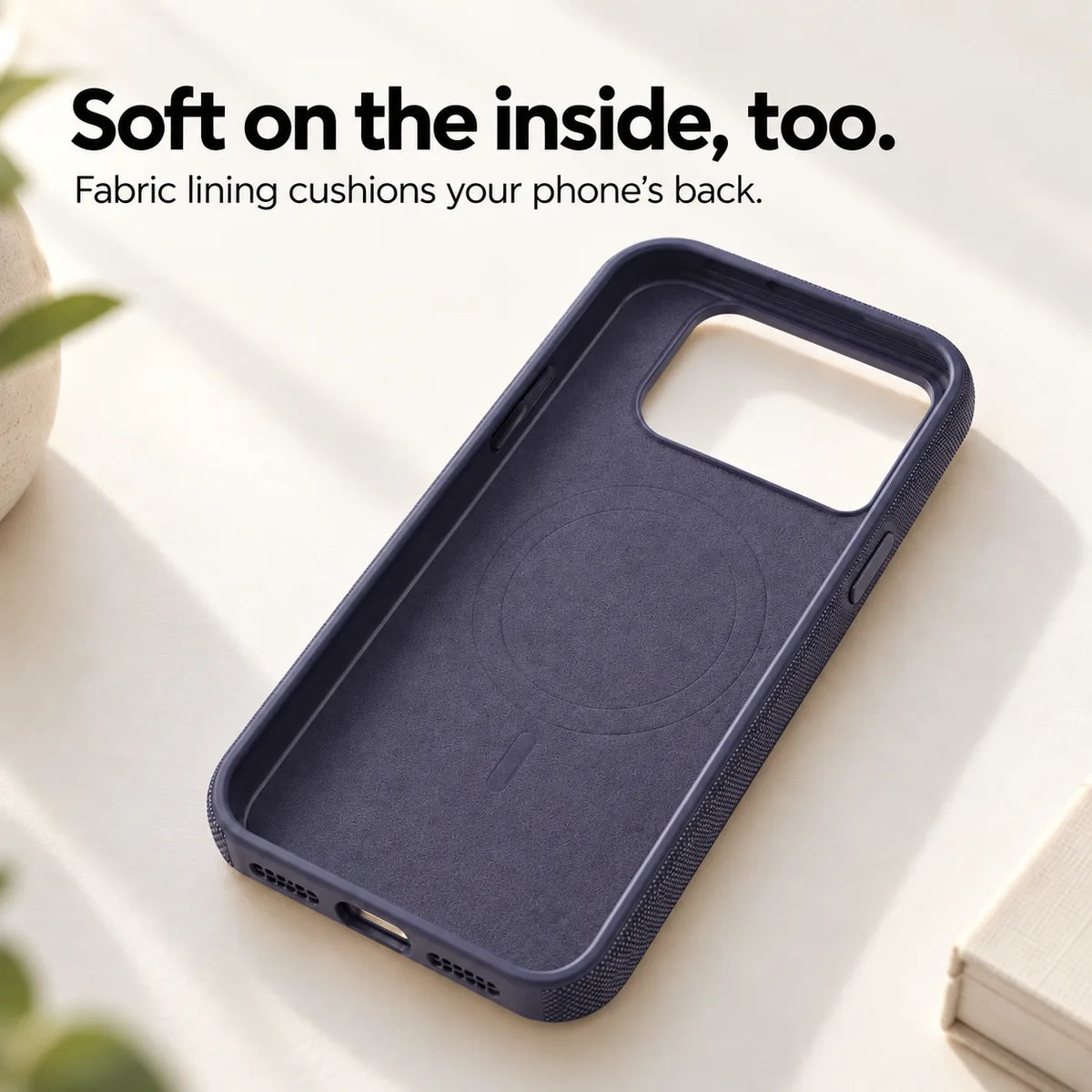 Soft fabric lining inside an empty Dusk Purple phone case. #color_Dusk Purple